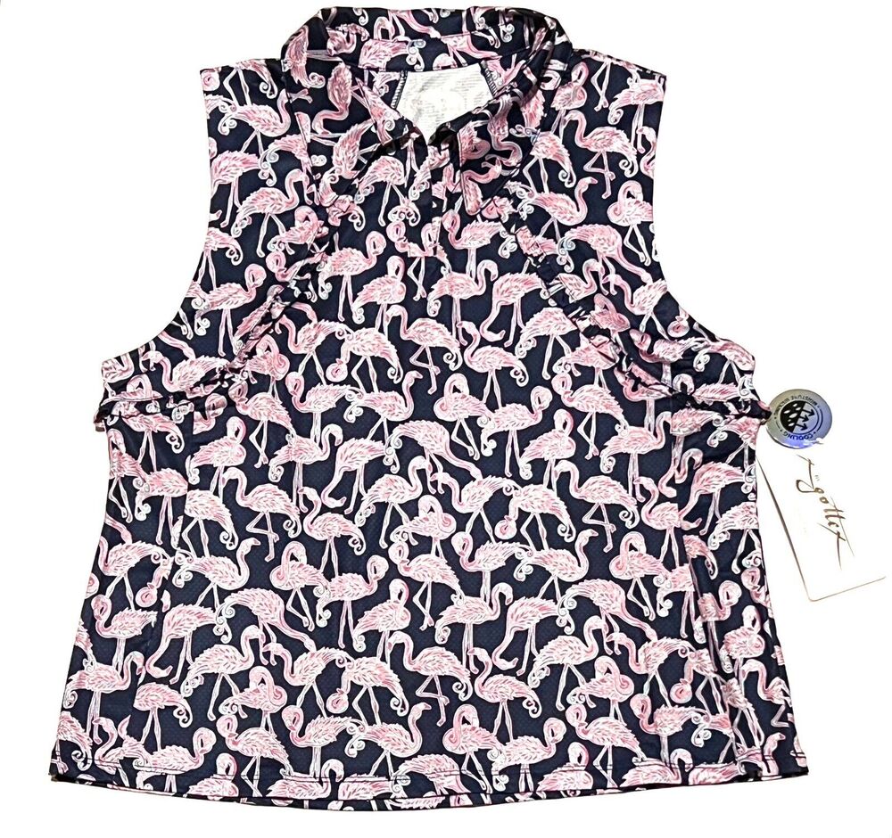 Gottex XL Sleeveless Golf Tank Top Shirt Flamingo Tennis Navy Pink Ruffle Collar